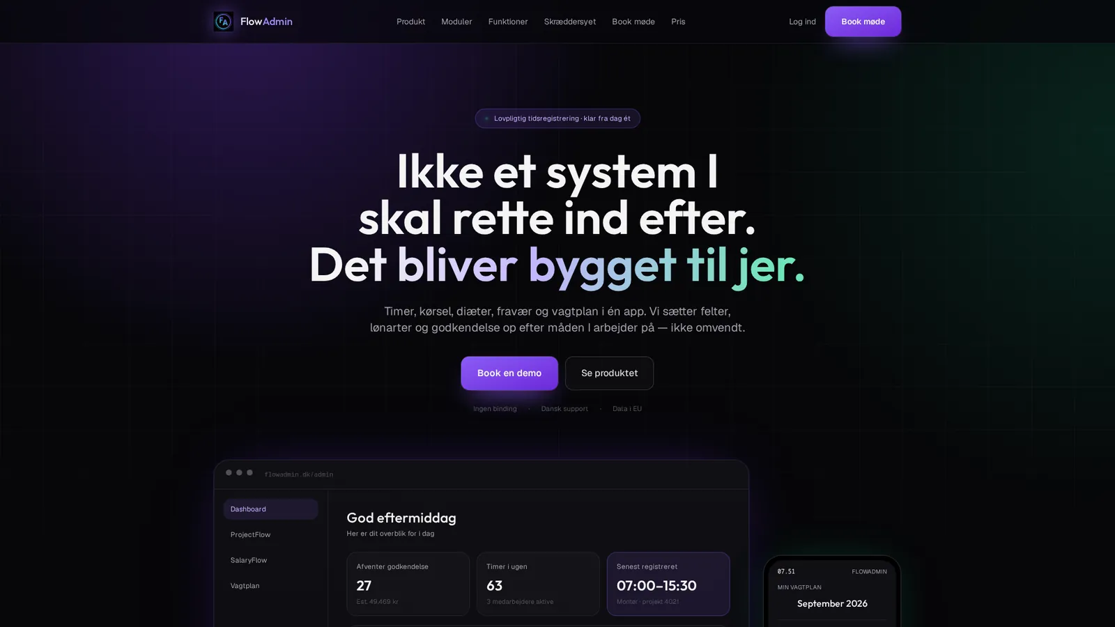 Forsiden af FlowAdmins hjemmeside